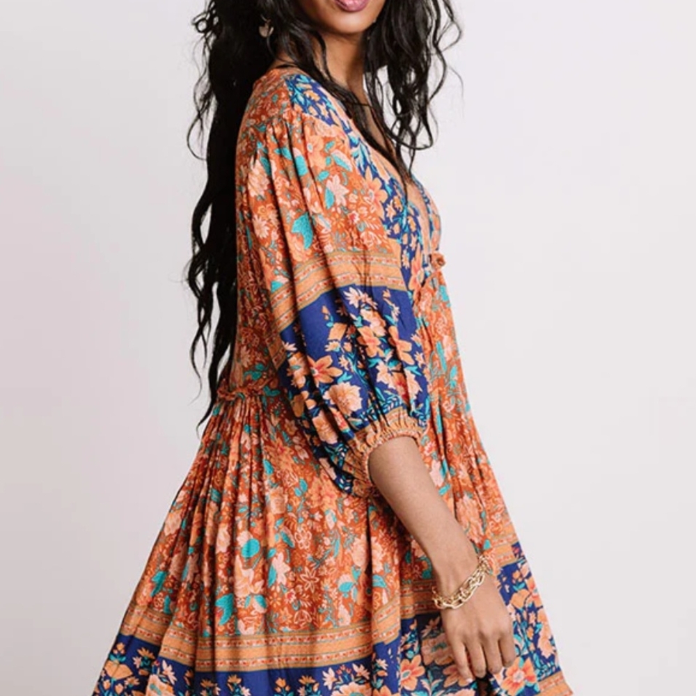 Cezele Womens Boho Floral Vneck Midi Dress Country Western Festival Tunic Small - Picture 5 of 16